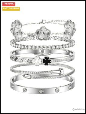 Silver Plated Stainless Steel Clover Bangle Bracelet Set Stackable